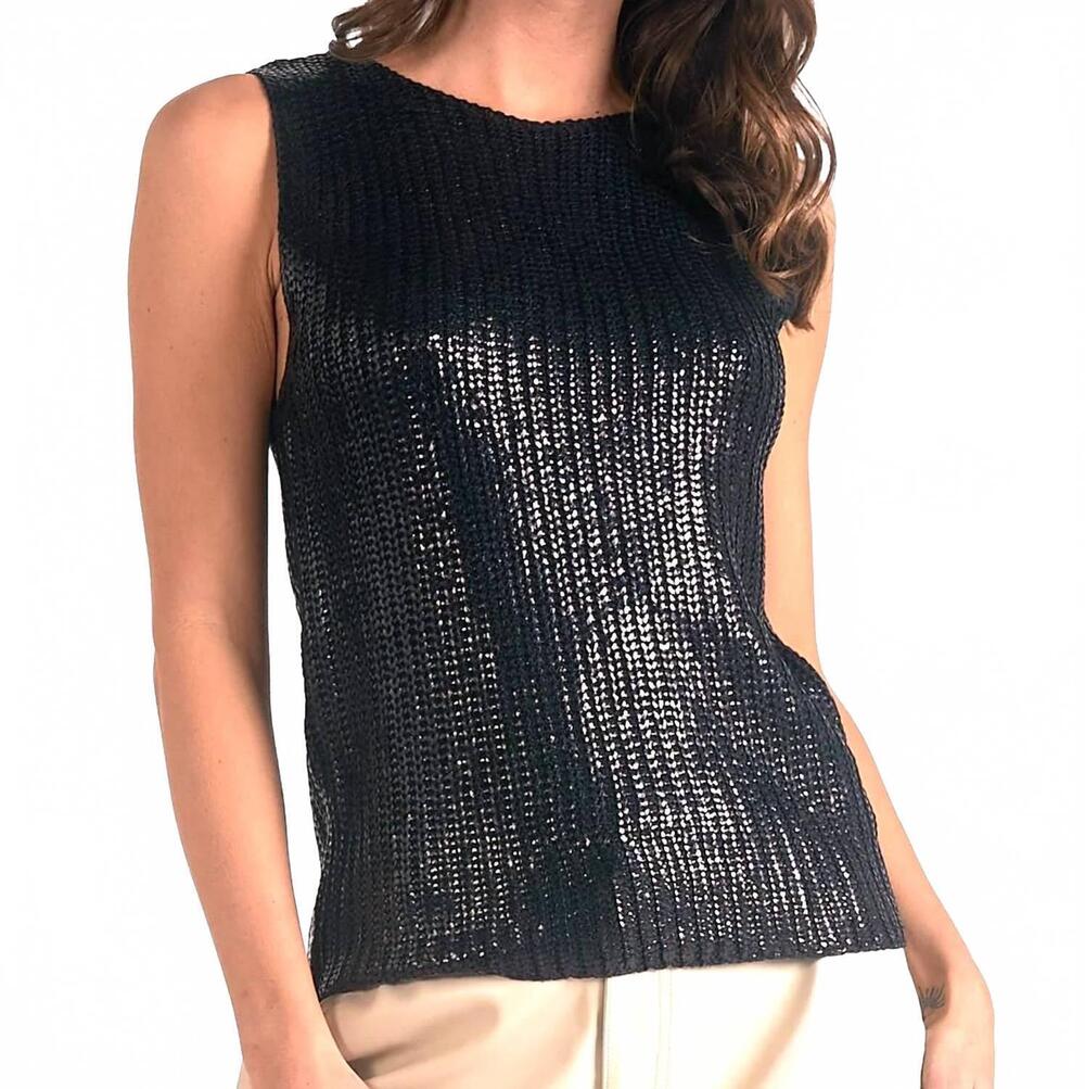 NEW ELAN tessa open knit metallic sweater tank in black
